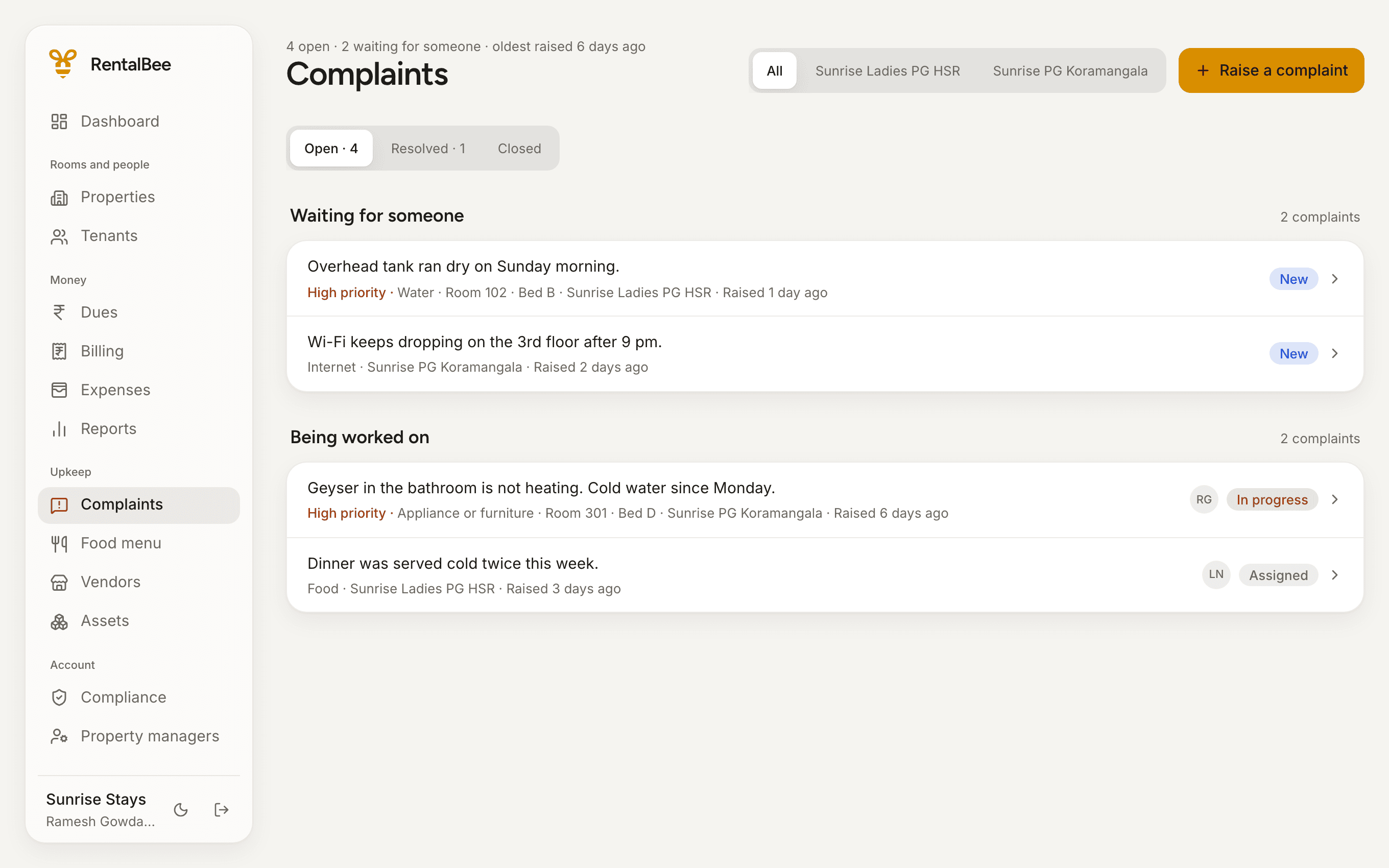 The complaints list: four open complaints, grouped into those waiting for someone and those being worked on.