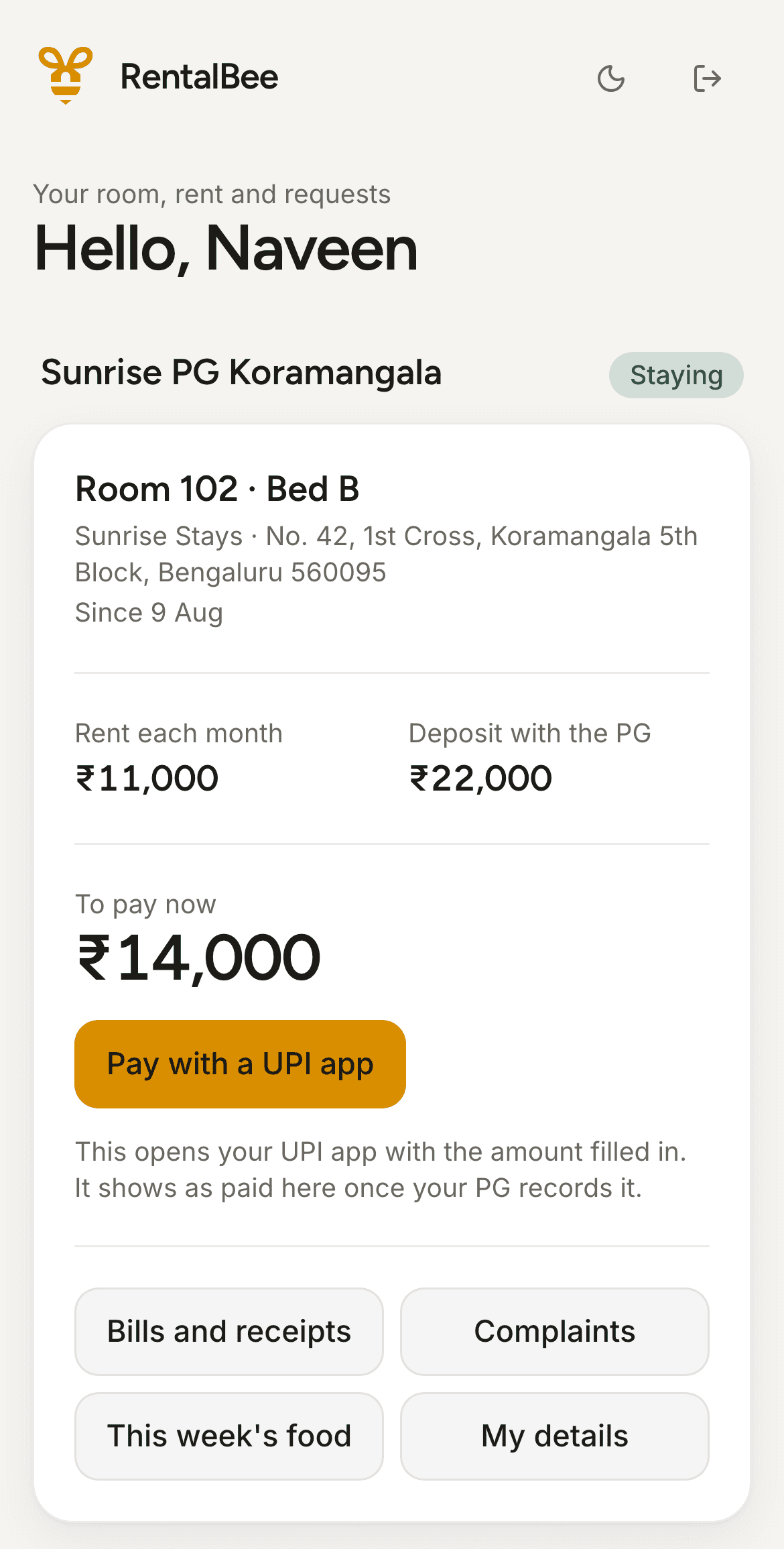 A tenant's own account on a phone: their room and bed, rent of ₹11,000, ₹14,000 to pay now with a button to pay by UPI, and links to bills, complaints, food and their details.